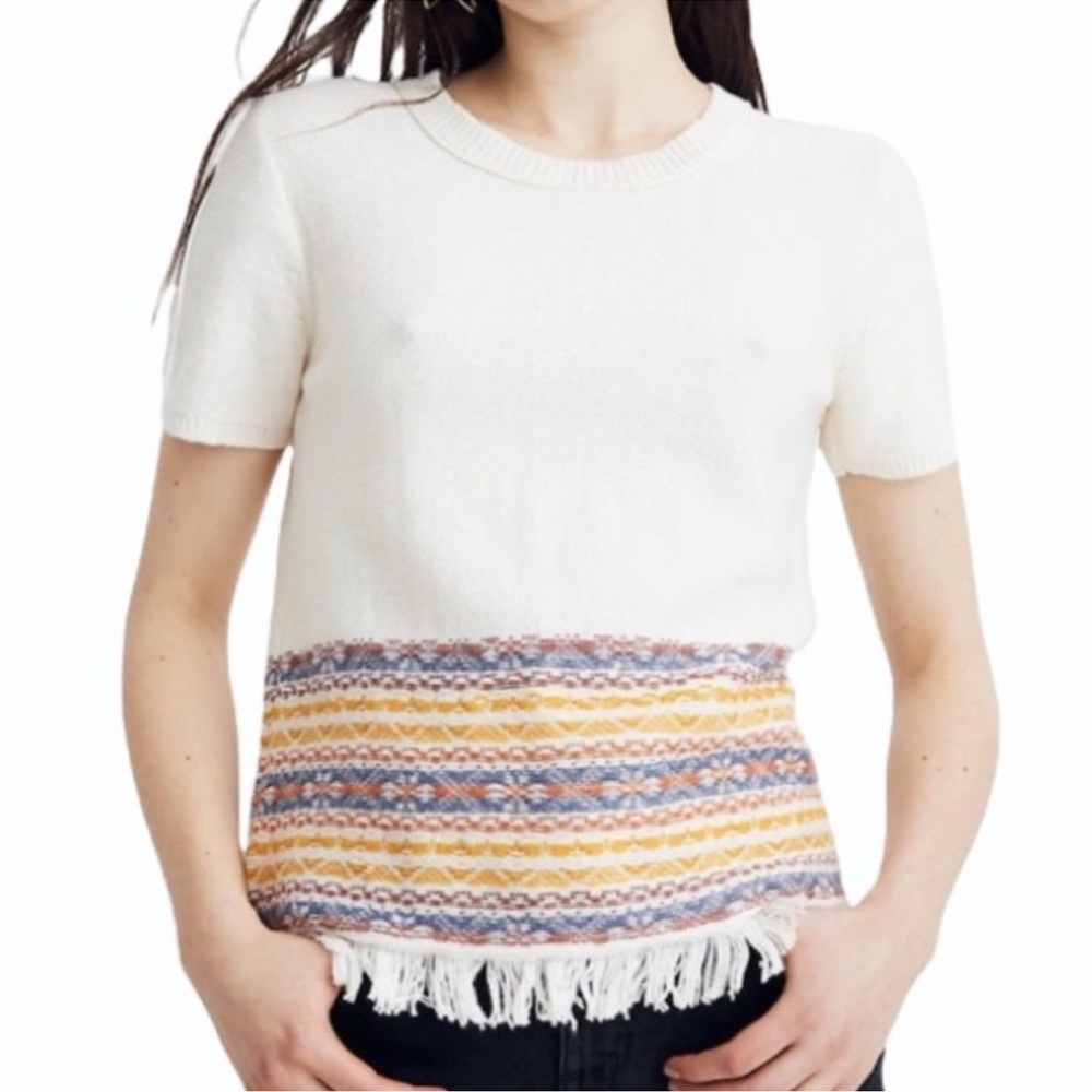 Madewell Fringed Jacquard Short Sleeves Sweater Tee Pearl Ivory Size XS